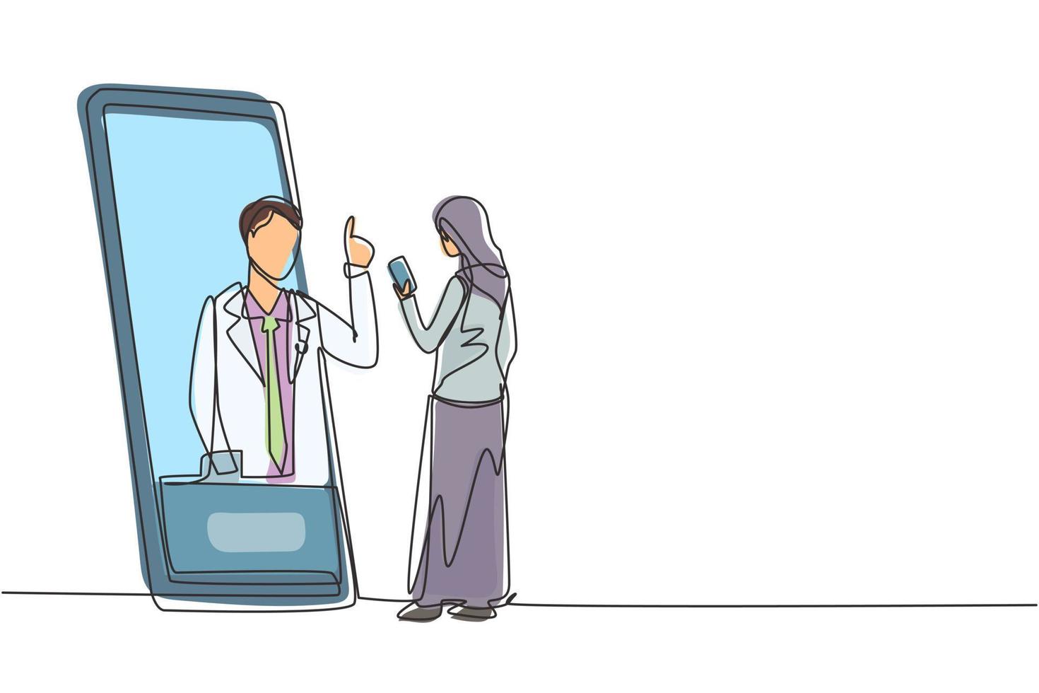 Single one line drawing hijab female patient holding smartphone standing facing giant smartphone and consulting male doctor. Doctor online. Continuous line draw design graphic vector illustration
