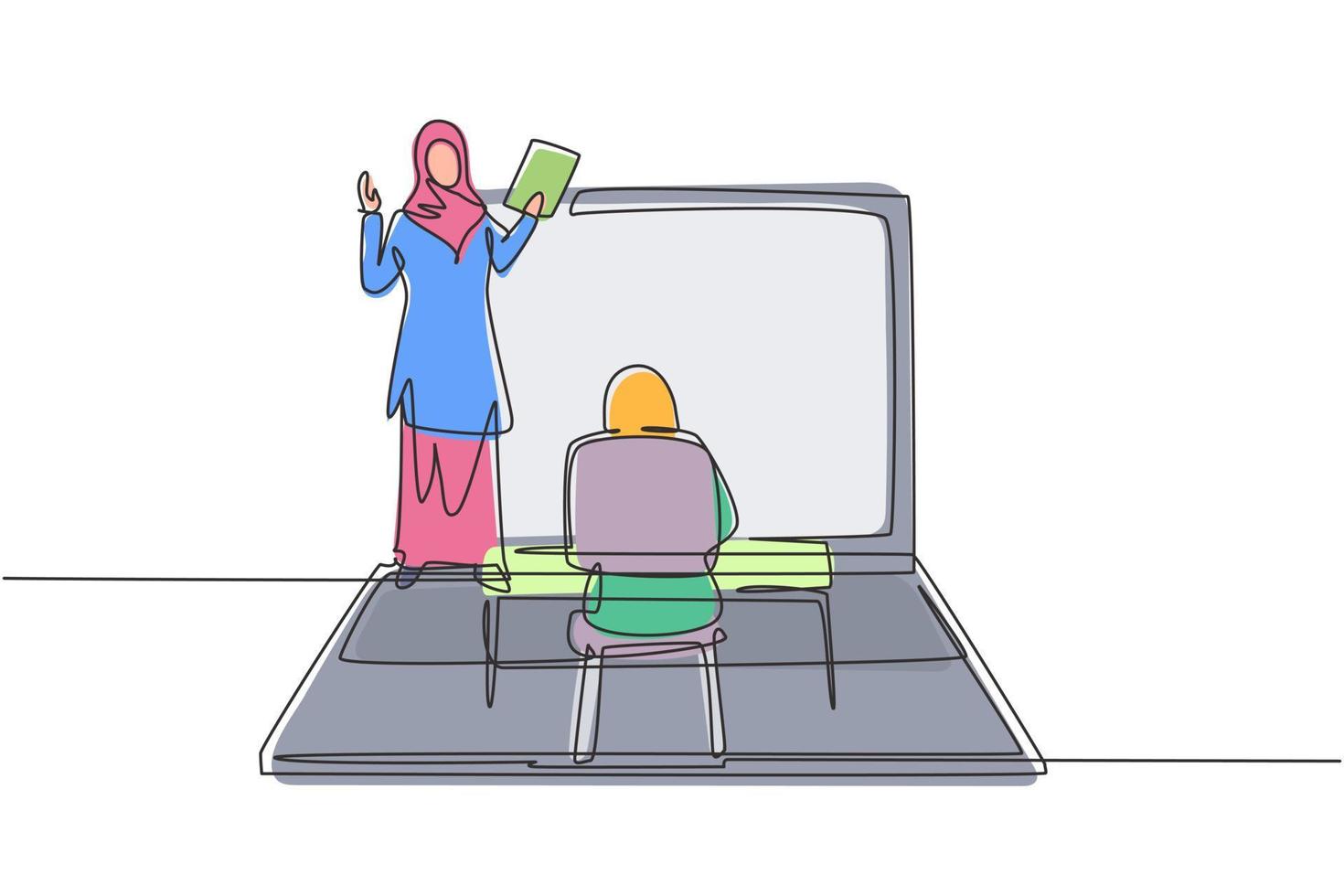 Continuous one line drawing Arabian female teacher standing in front of laptop screen holding book and teaching hijab female students sitting on benches around desk. Single design vector illustration