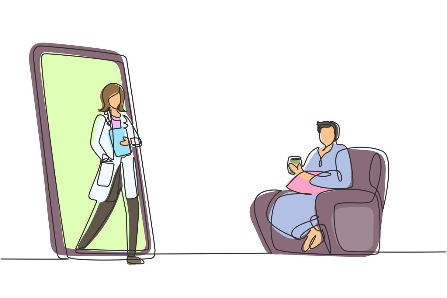 Single continuous line drawing male patient sitting curled up on sofa, using blanket, holding mug and there is female doctor walking out of smartphone, holding clipboard. Dynamic one line draw graphic vector