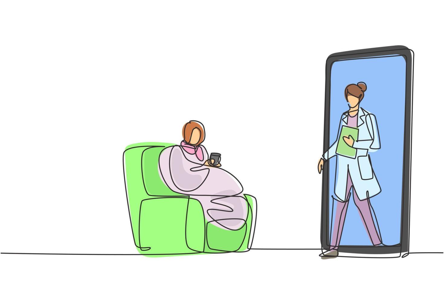 Continuous one line drawing female patient sitting curled up on sofa, using blanket, holding mug and there is female doctor walking out of smartphone, holding clipboard. Single line draw design vector