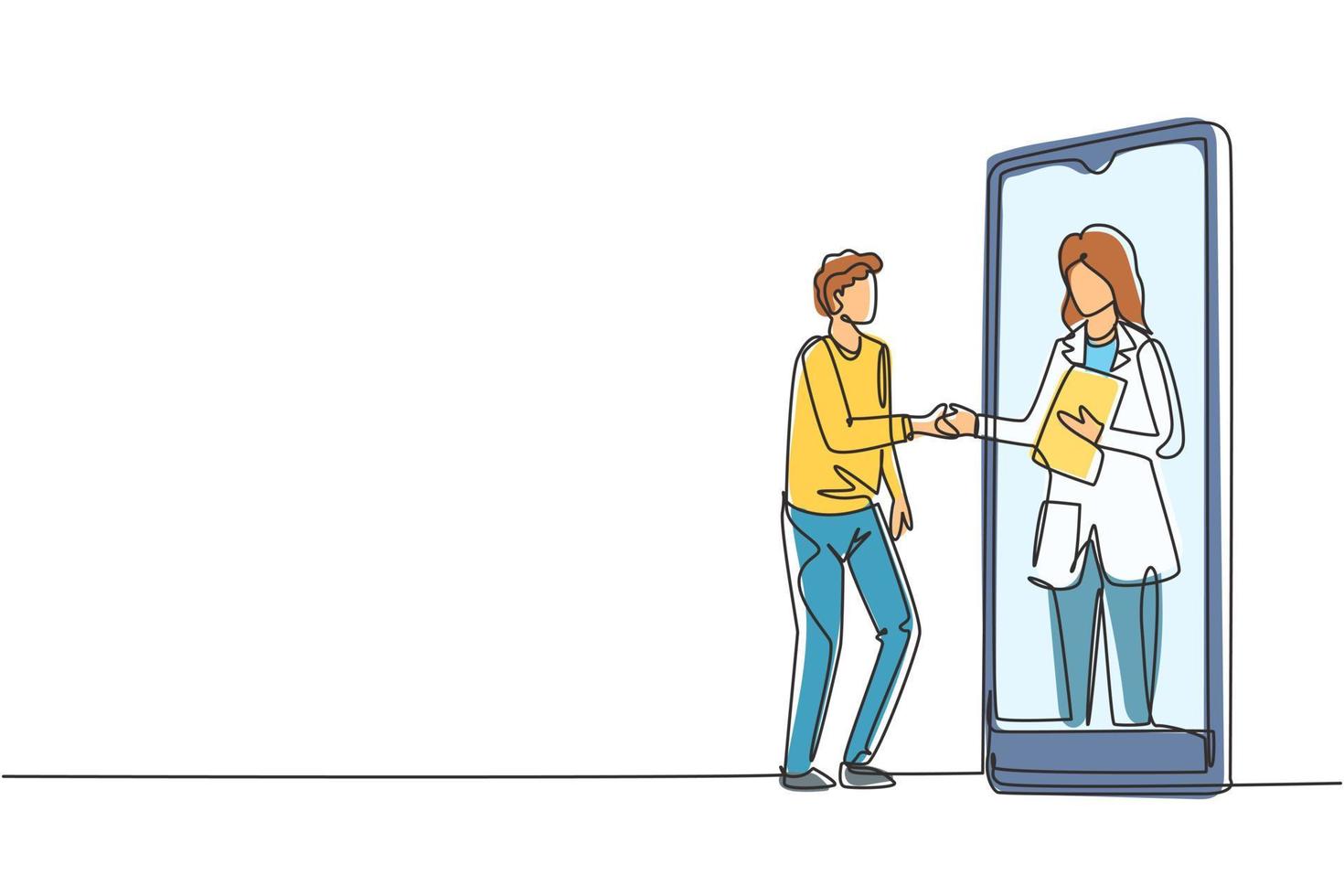 Single one line drawing male patient shaking hands with female doctor in smartphone holding clipboard. Online medical consultation concept. Continuous line draw design graphic vector illustration
