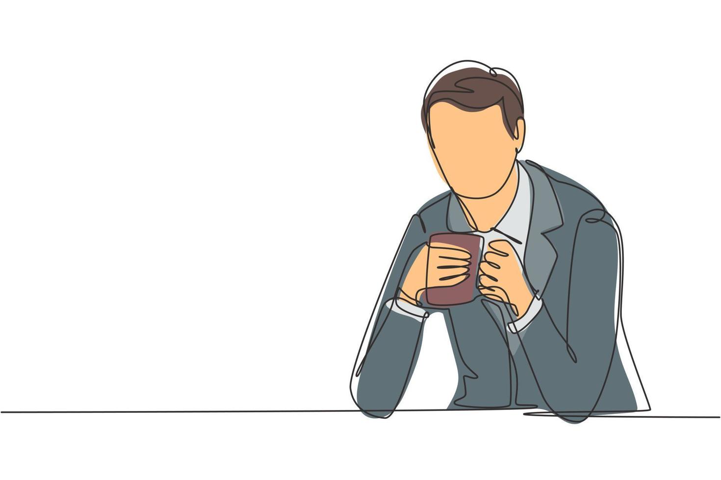 Continuous one line drawing young man sitting and holding cup of coffee with both hands. Enjoy the afternoon break at the office. Success lifestyle. Single line draw design vector graphic illustration