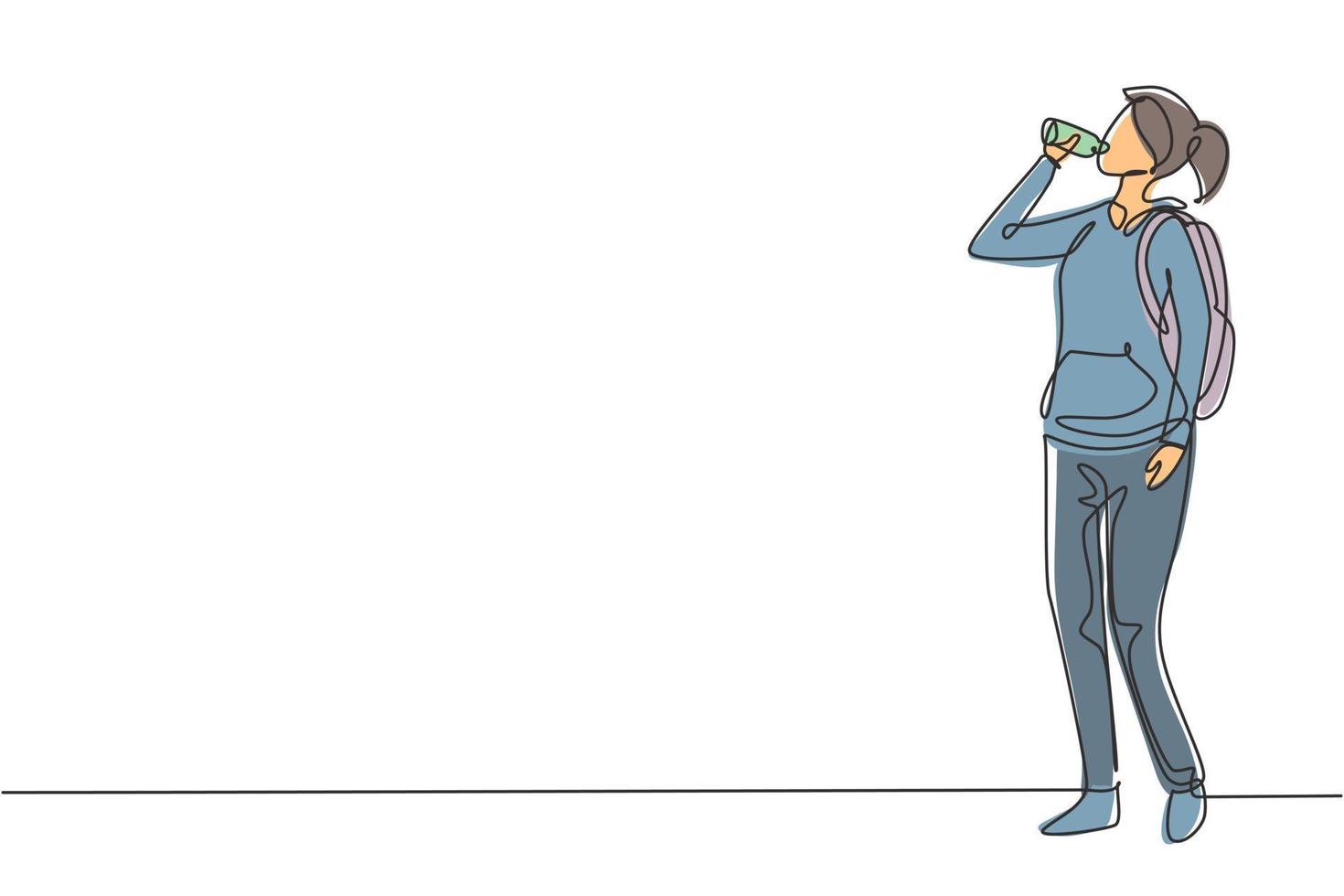 Single continuous line drawing young woman drinking fresh water from a bottle with her right hand after exercising. Healthy lifestyles concept. Dynamic one line draw graphic design vector illustration