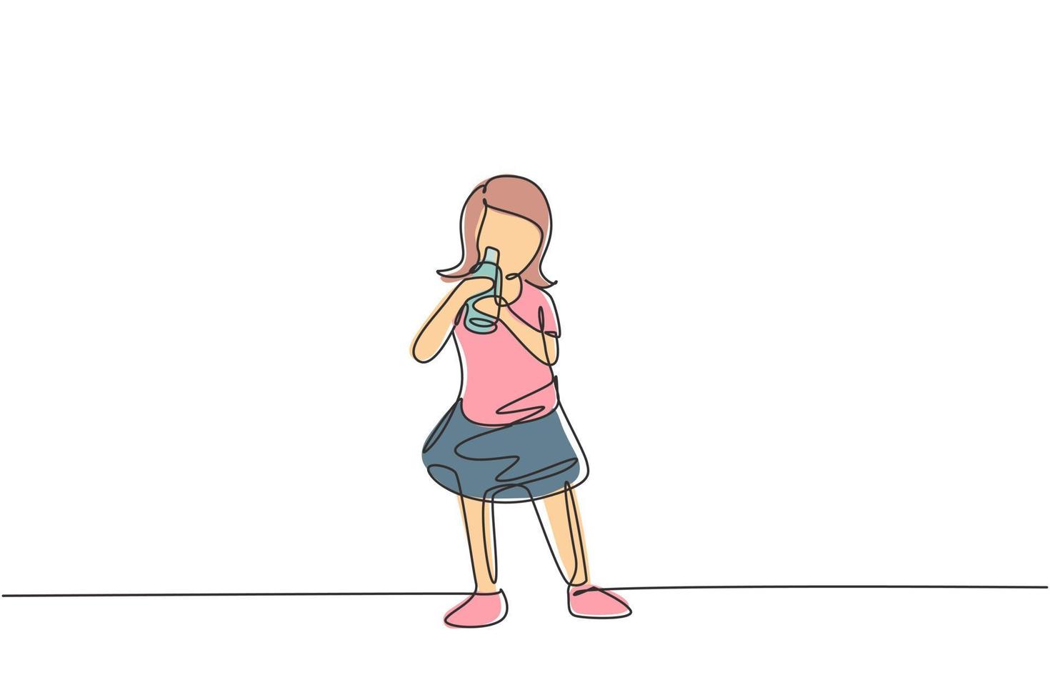Continuous one line drawing girl standing while drinking milk in a bottle to fulfill her body's nutrition. Healthy lifestyles concept for kids. Single line draw design vector graphic illustration