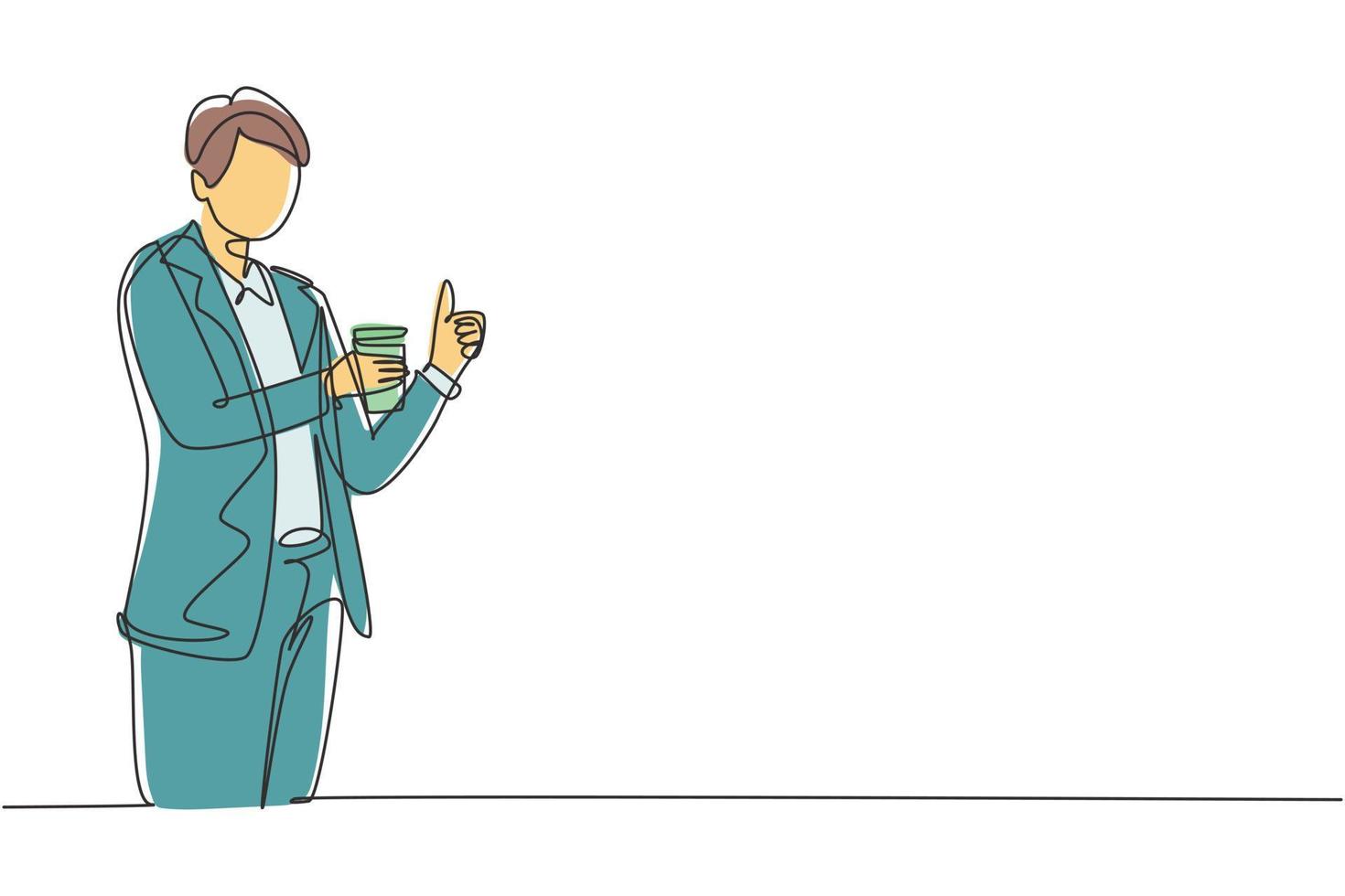 Single one line drawing  adult man holding cup of coffee with thumbs up gesture celebrating the success of his work project. Enjoy life. Modern continuous line draw design graphic vector illustration