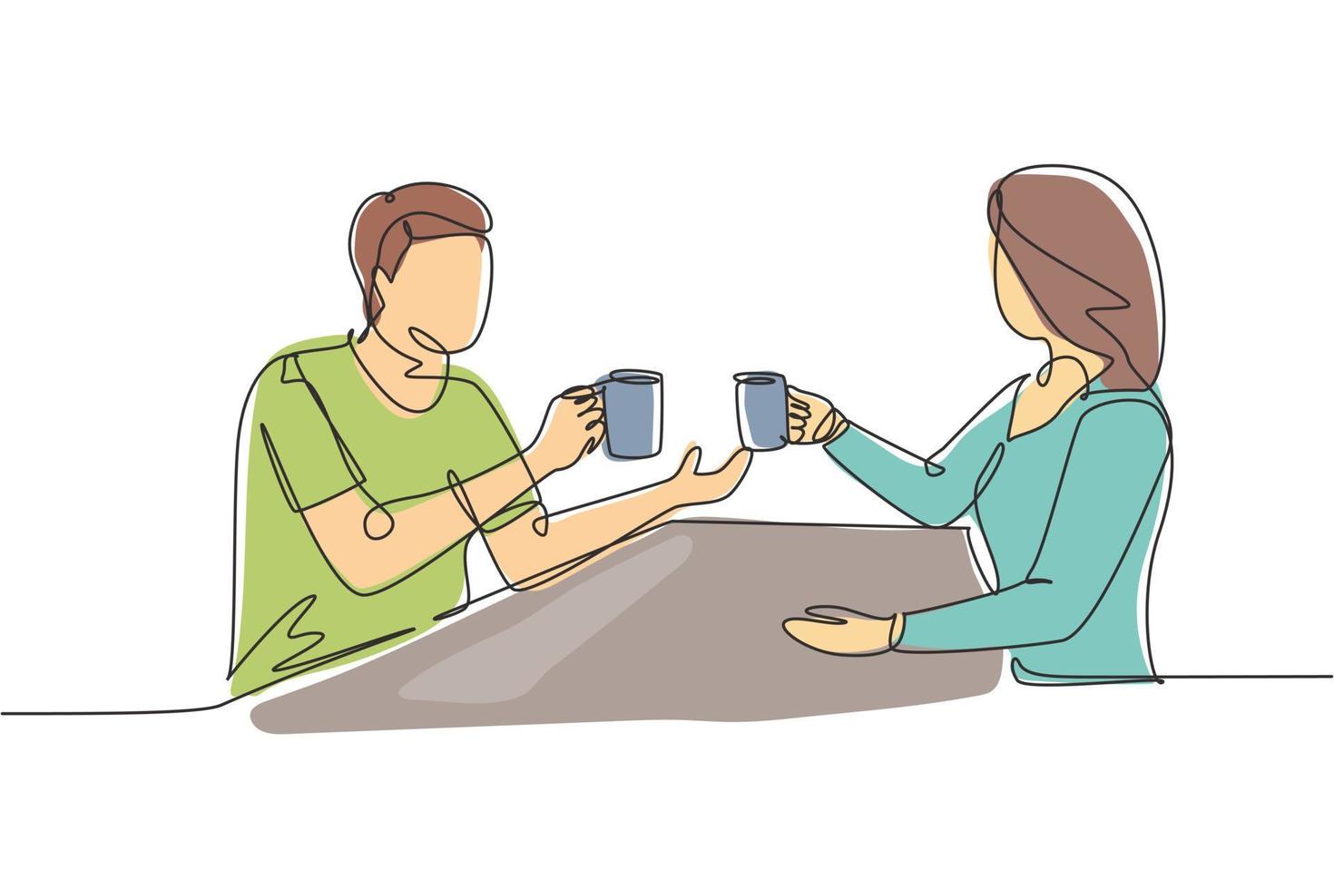 Single continuous line drawing a young couple holding a cup of hot coffee, preparing a toast to celebrate the success of a office work project. Dynamic one line draw graphic design vector illustration