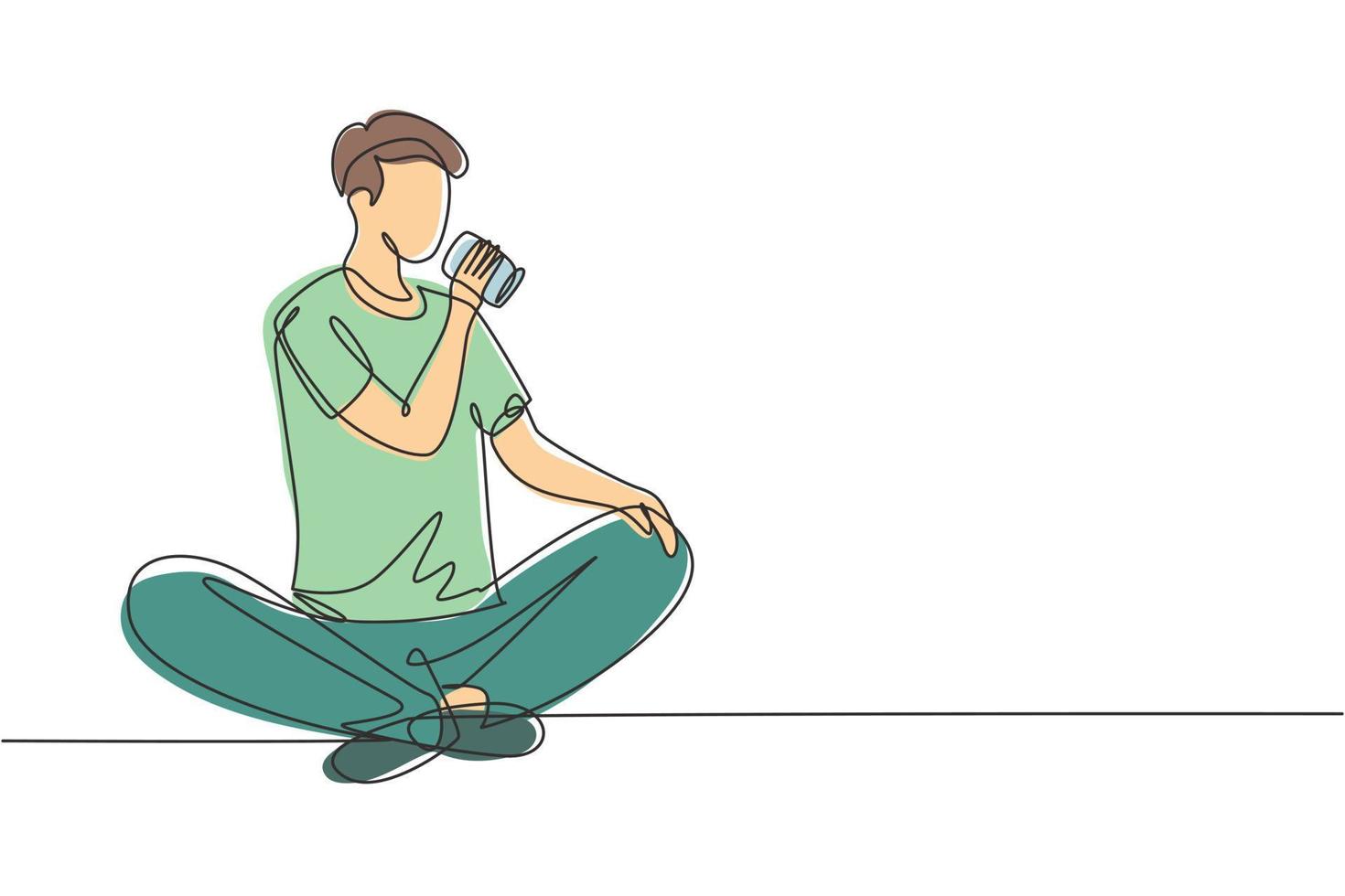 Single continuous line drawing young man sitting while enjoying a soft drink to refreshing and relaxing body. Attractive teenager concept. Dynamic one line draw graphic design vector illustration