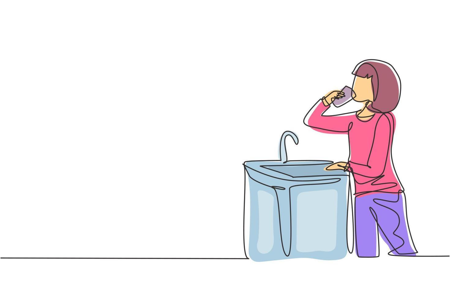 Single one line drawing girl drinking water from ready-to-drink faucet. Thirst and dehydration due to heat during the day. Fresh moment. Modern continuous line draw design graphic vector illustration