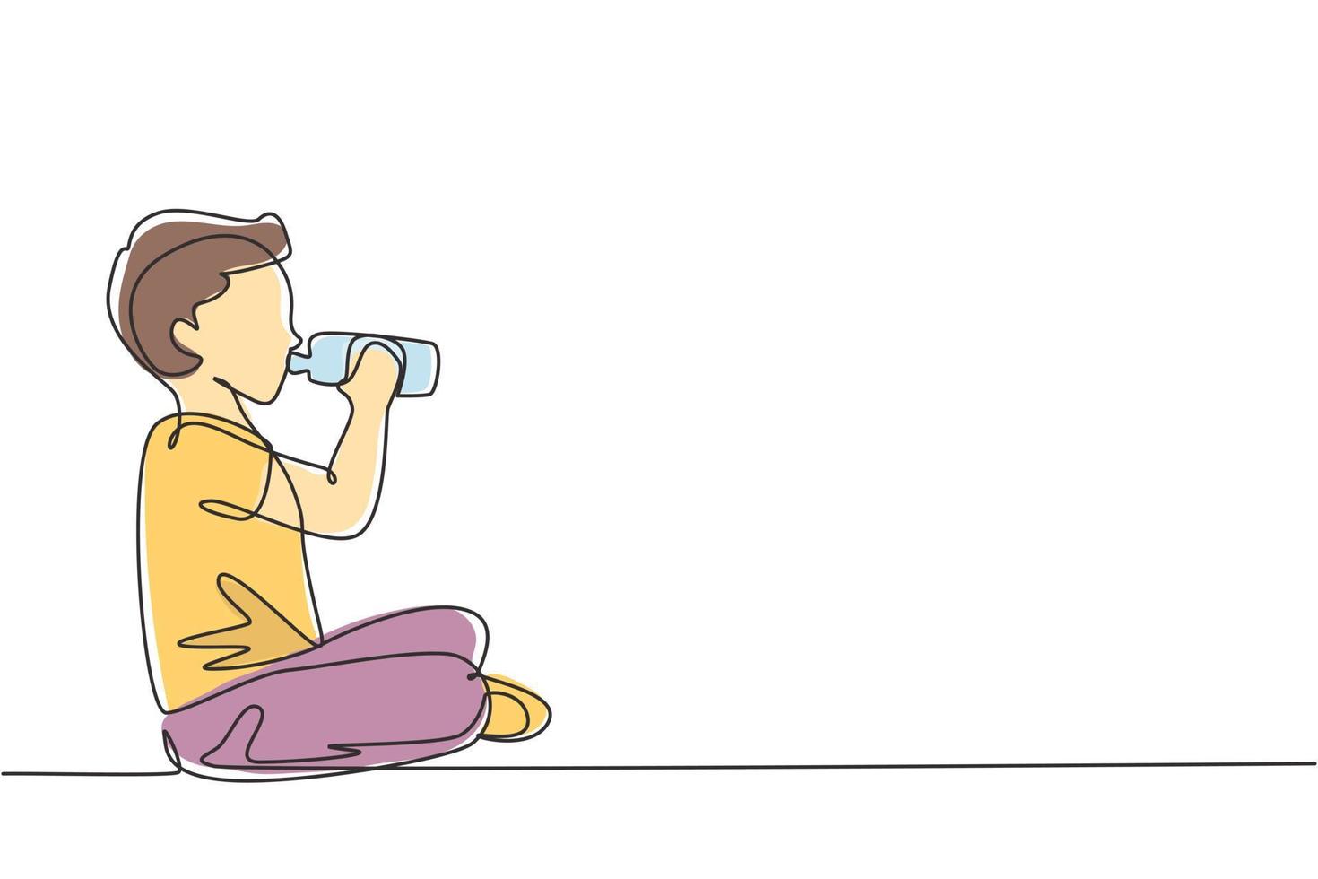 niño de dibujo de una sola línea sentado mientras disfruta de una botella de leche fresca para cumplir con la nutrición de su cuerpo. concepto de salud y crecimiento infantil. Ilustración de vector gráfico de diseño de dibujo de línea continua moderna