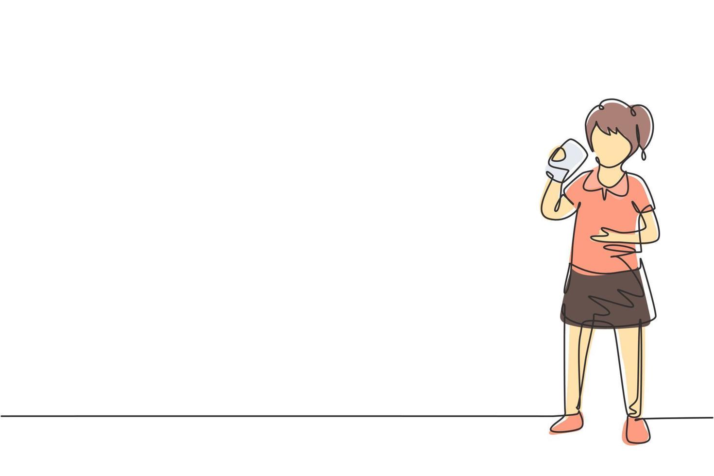 Continuous one line drawing girl standing while drinking milk in a bottle to fulfill her body's nutrition. Healthy lifestyles concept for kids. Single line draw design vector graphic illustration