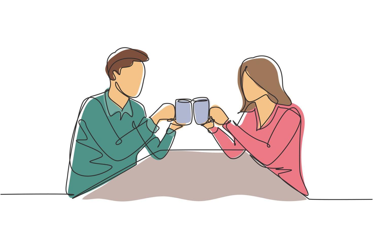 Continuous one line drawing young couple sitting, holding cups filled with drinks and toast to celebrate wedding anniversary. Happy family concept. Single line draw design vector graphic illustration
