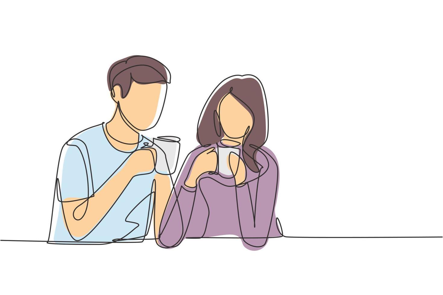 Single continuous line drawing  romantic couple sitting enjoying a cup of coffee to enjoy the morning. Happy family and success life concept. Dynamic one line draw graphic design vector illustration