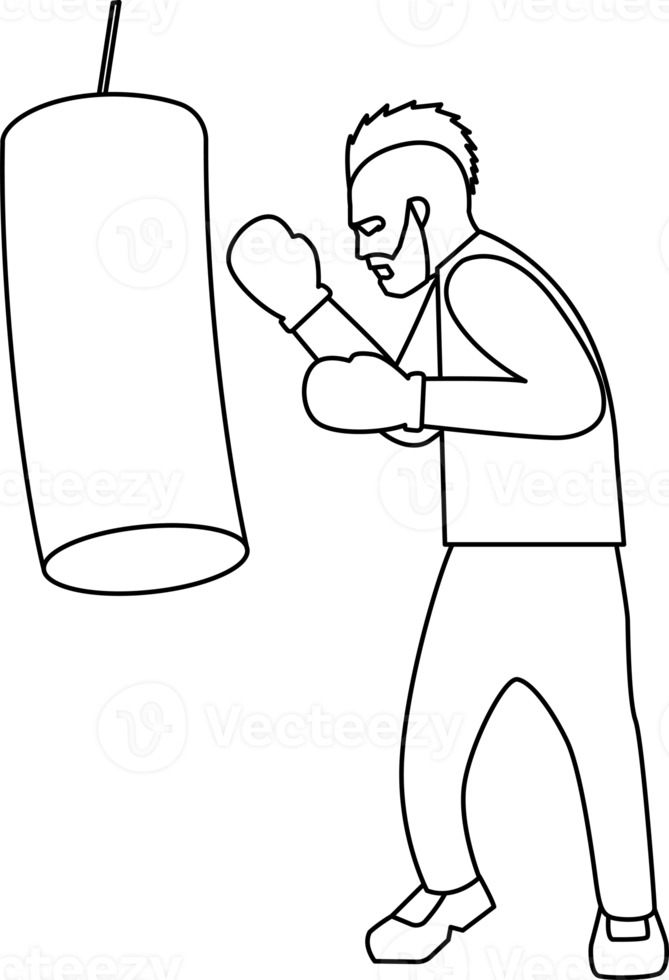 Boxer with punching bag. Sports training. PNG with transparent background.