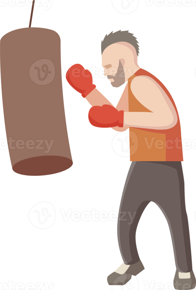 Boxer with punching bag. Sports training. PNG with transparent background.