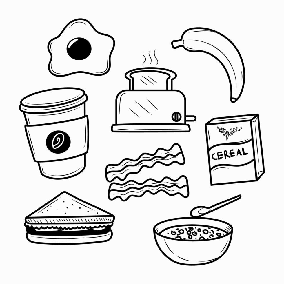 Set of breakfast foods vector illustration with doodle drawing style isolated on white background