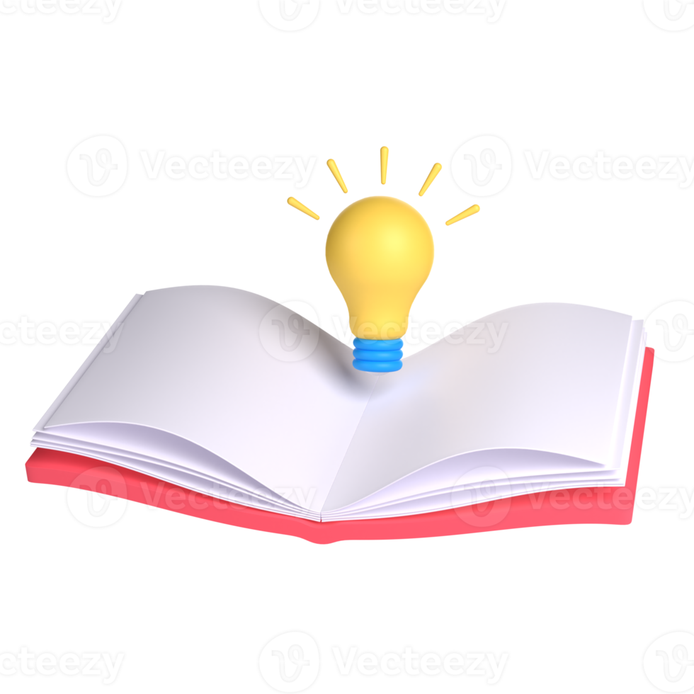 3D Bulb on Book for School and Education Concept. Object on a transparent background png