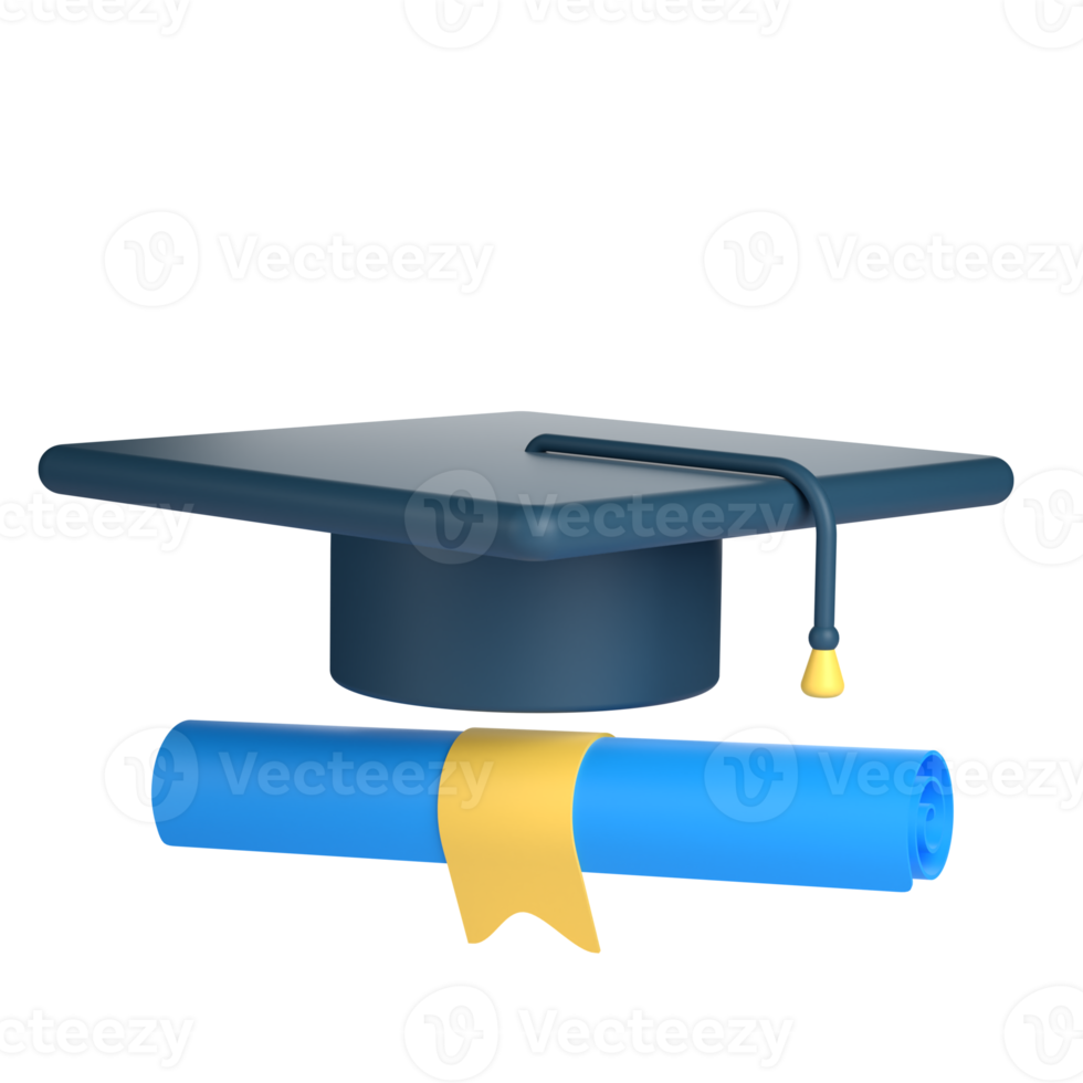 3d diploma uitreiking hoed en certificaat voor school- en onderwijs concept. voorwerp Aan een transparant achtergrond png