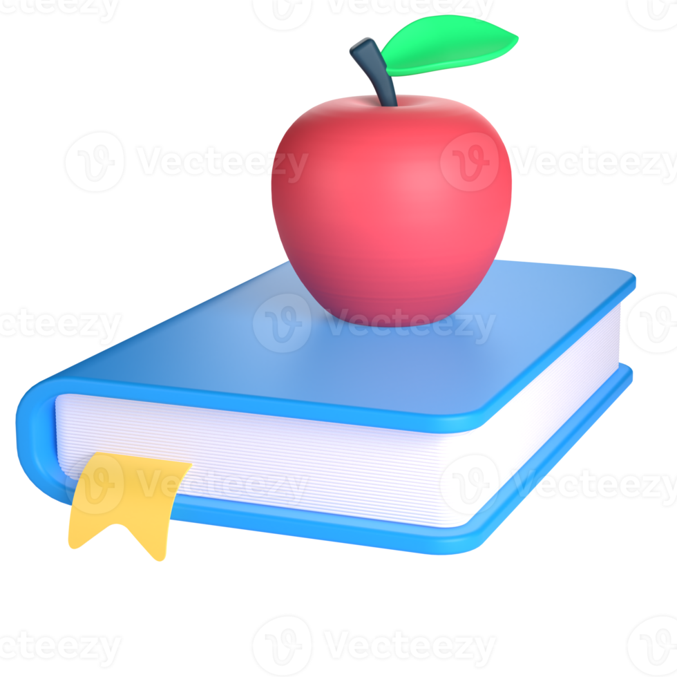 3D Book and Apple for School and Education Concept. Object on a transparent background png