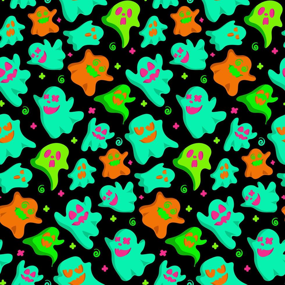 Happy halloween party seamless pattern background with cute ghost. Holidays cartoon character. Vector. Holiday backdrop for wrapping paper, fabric, textile, scrapbook. vector