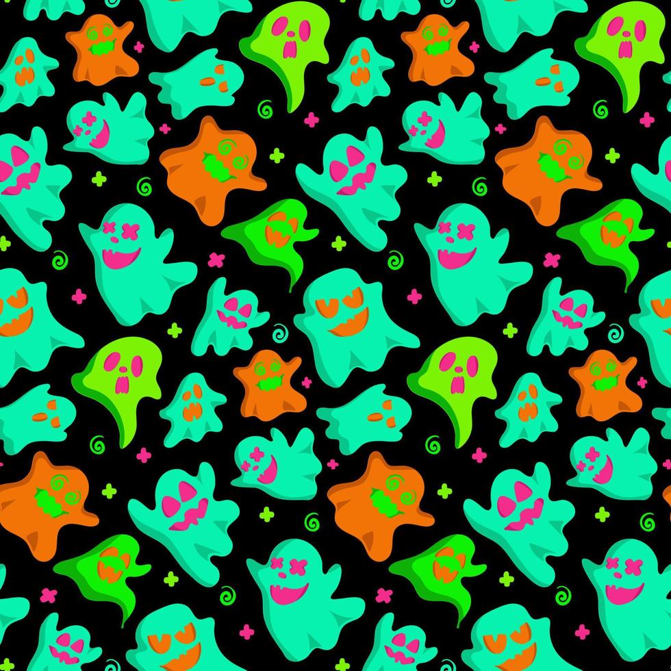 Happy halloween party seamless pattern background with cute ghost. Holidays cartoon character. Vector. Holiday backdrop for wrapping paper, fabric, textile, scrapbook. vector
