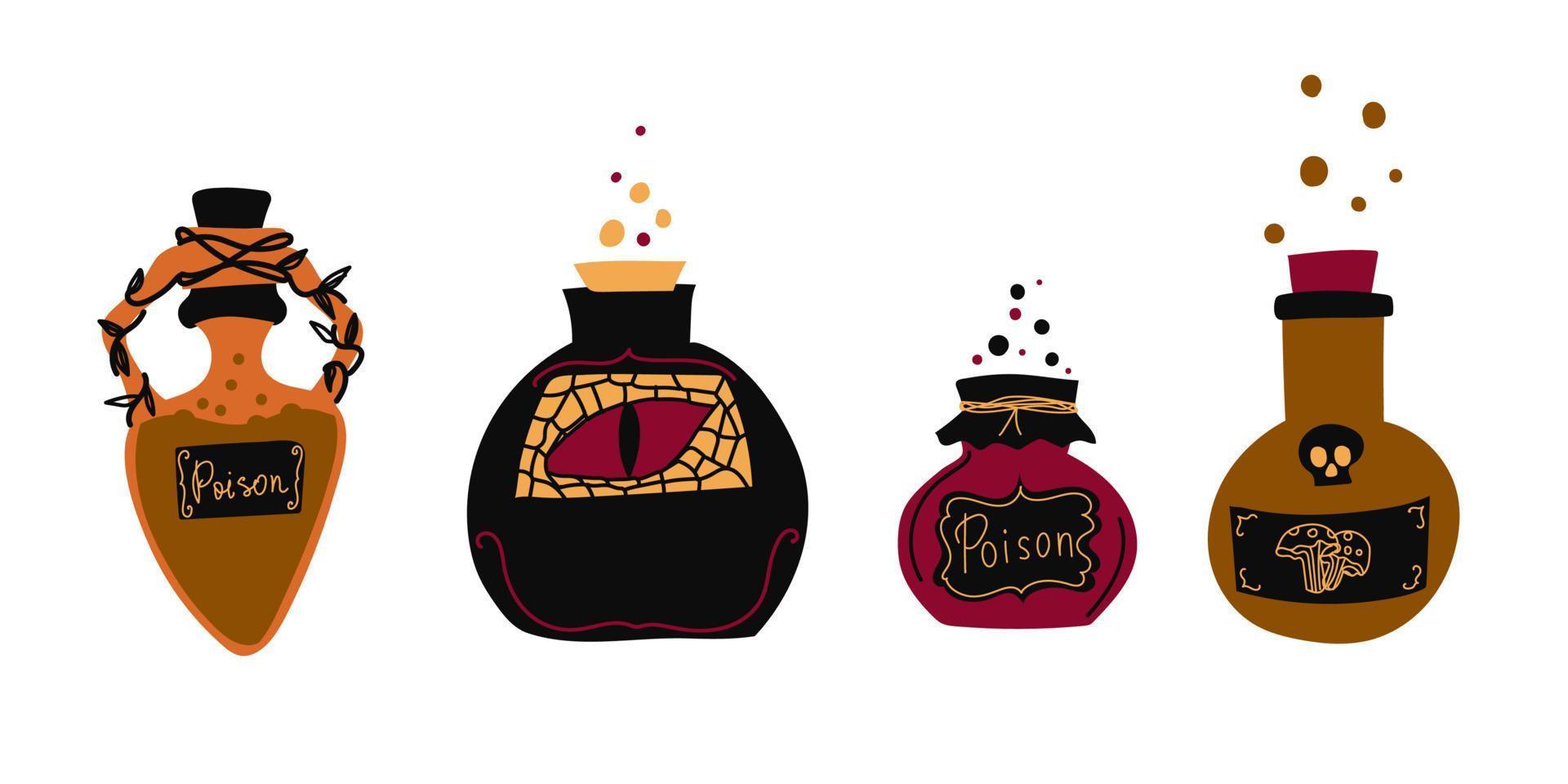 Witch s potion collection. Poison, drug, decoction. Magic bottled drinks. Cartoon style. Hand drawn vector illustration. Witch potion vial set. Happy Halloween