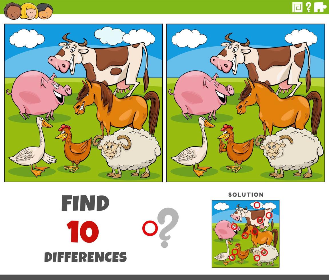 diferencias tarea con dibujos animados granja animal caracteres vector