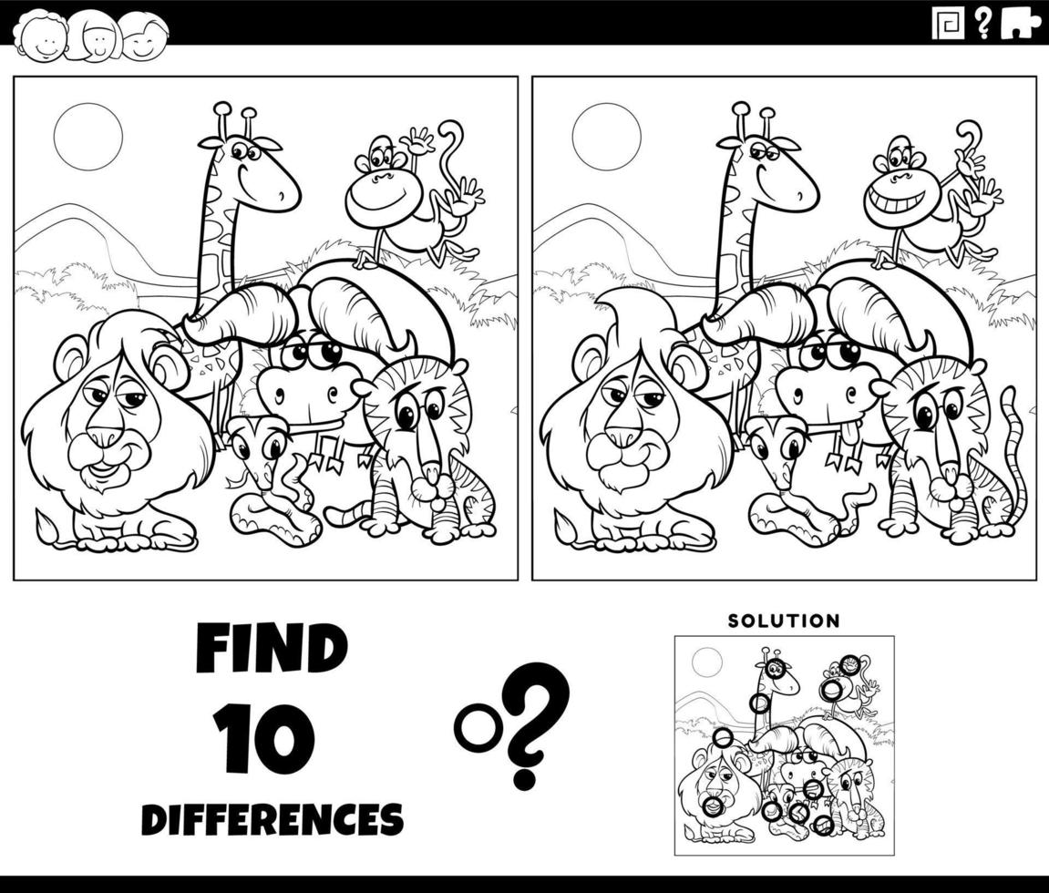 diferencias tarea con dibujos animados safari animales colorante página vector