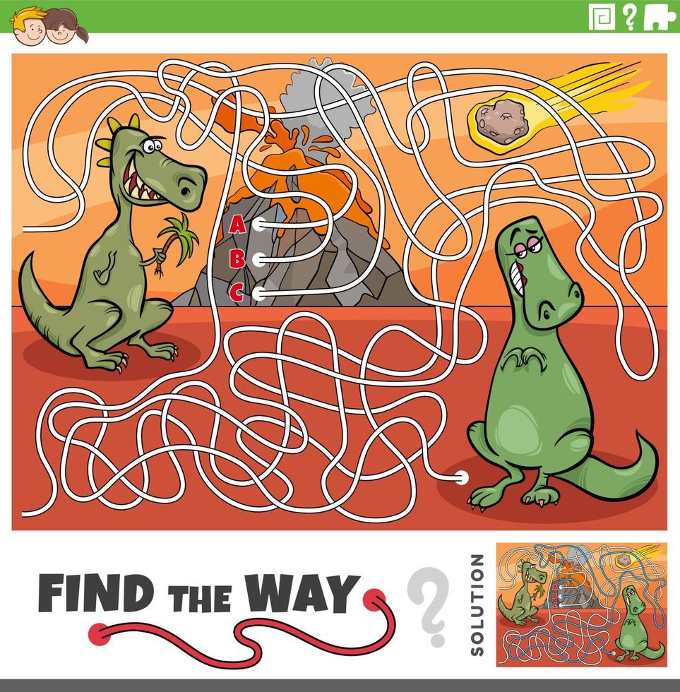 find the way maze game with cartoon dinosaurs characters vector