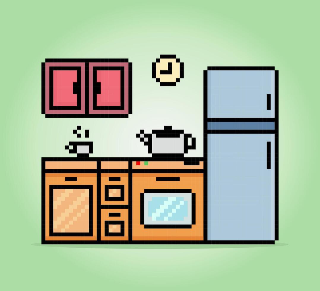 8 bit pixel kitchen set table, refrigerator and coffee teapot in vector illustrations for game assets. Kitchen electronic devices in pixel art.