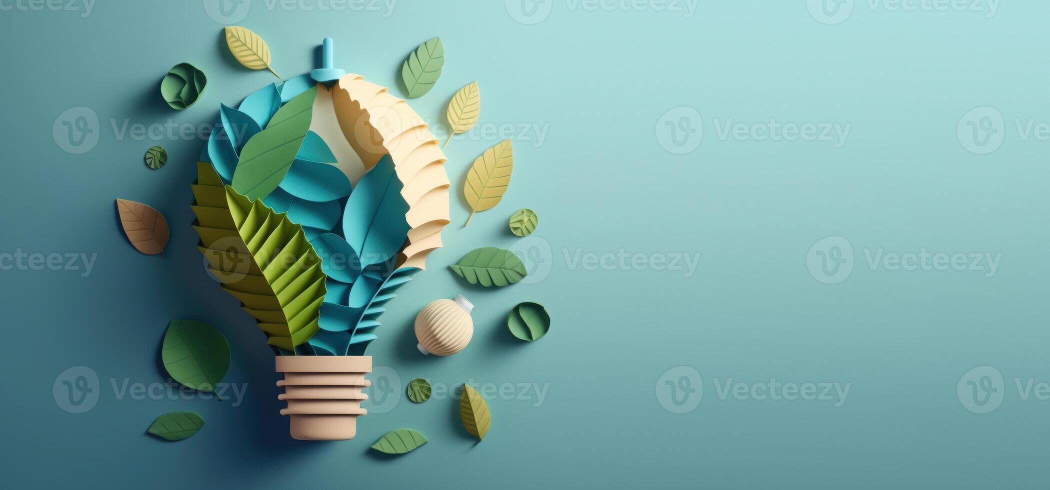 Paper cut of eco friendly light bulb with green leaves, Renewable and sustainable energy concept. photo