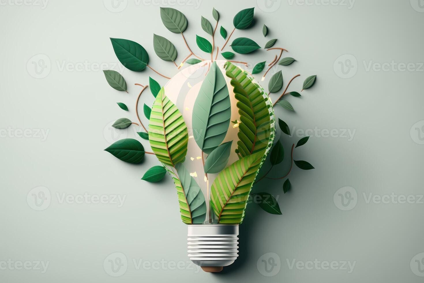 Paper cut of eco friendly light bulb with green leaves, Renewable and sustainable energy concept. photo