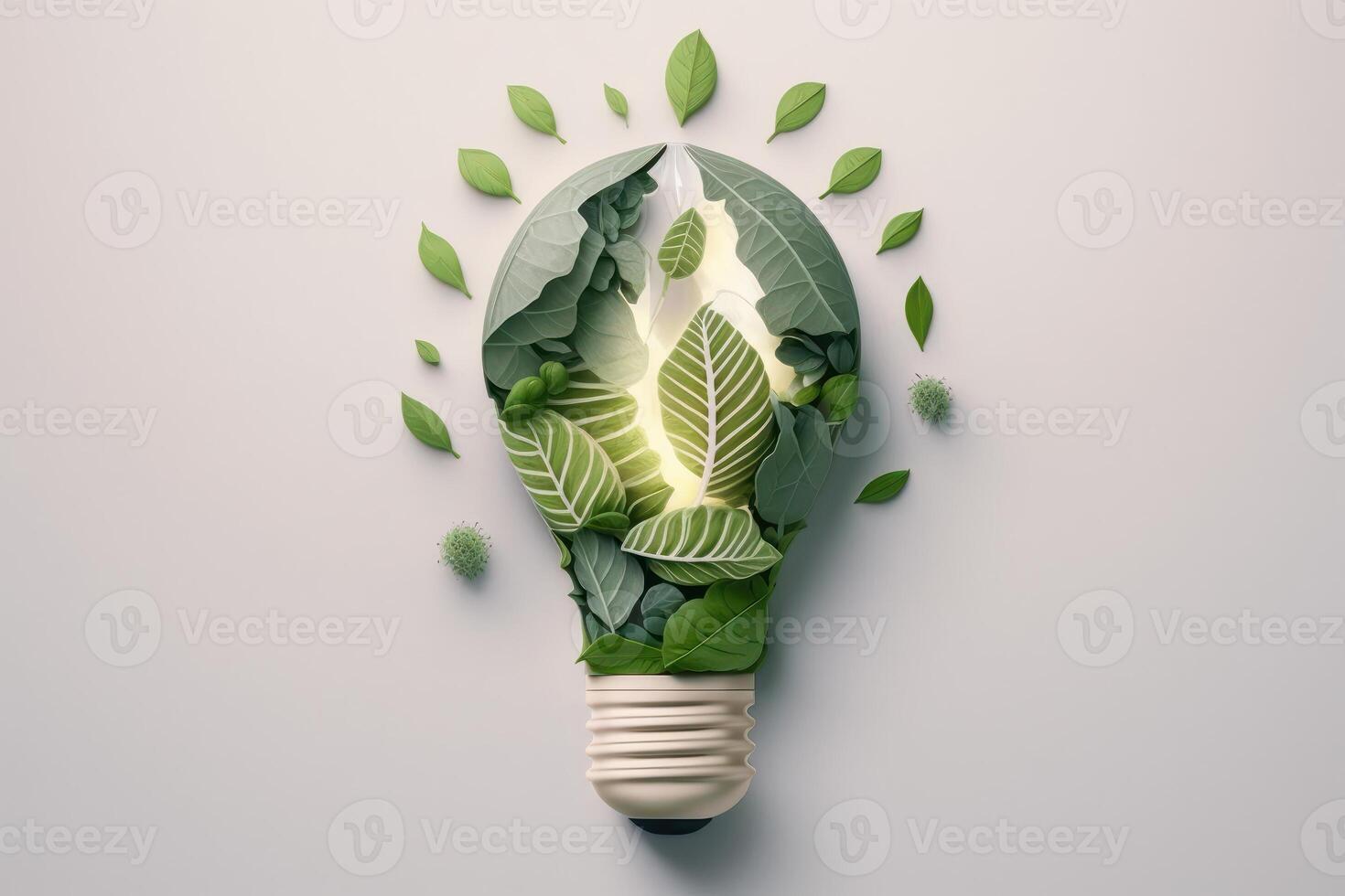 Paper cut of eco friendly light bulb with green leaves, Renewable and sustainable energy concept. photo