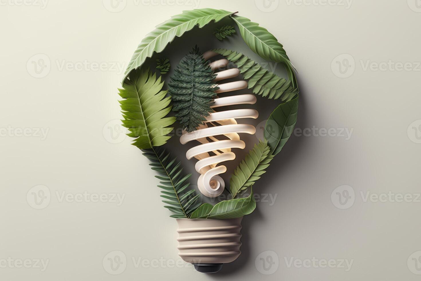 Paper cut of eco friendly light bulb with green leaves, Renewable and sustainable energy concept. photo