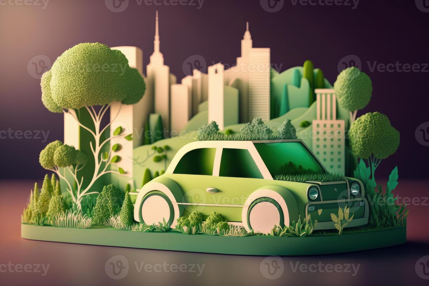 Eco friendly car with cityscape paper cut style, Renewable and sustainable energy concept. photo