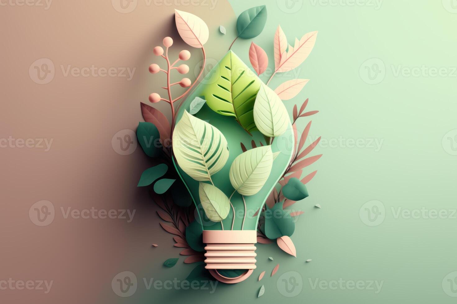 Paper cut of eco friendly light bulb with green leaves, Renewable and sustainable energy concept. photo