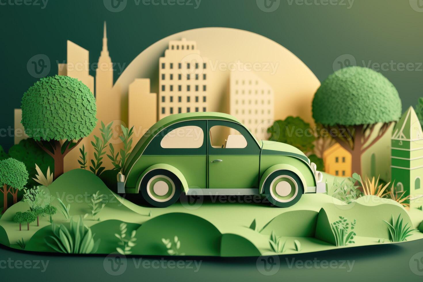 Eco friendly car with cityscape paper cut style, Renewable and sustainable energy concept. photo