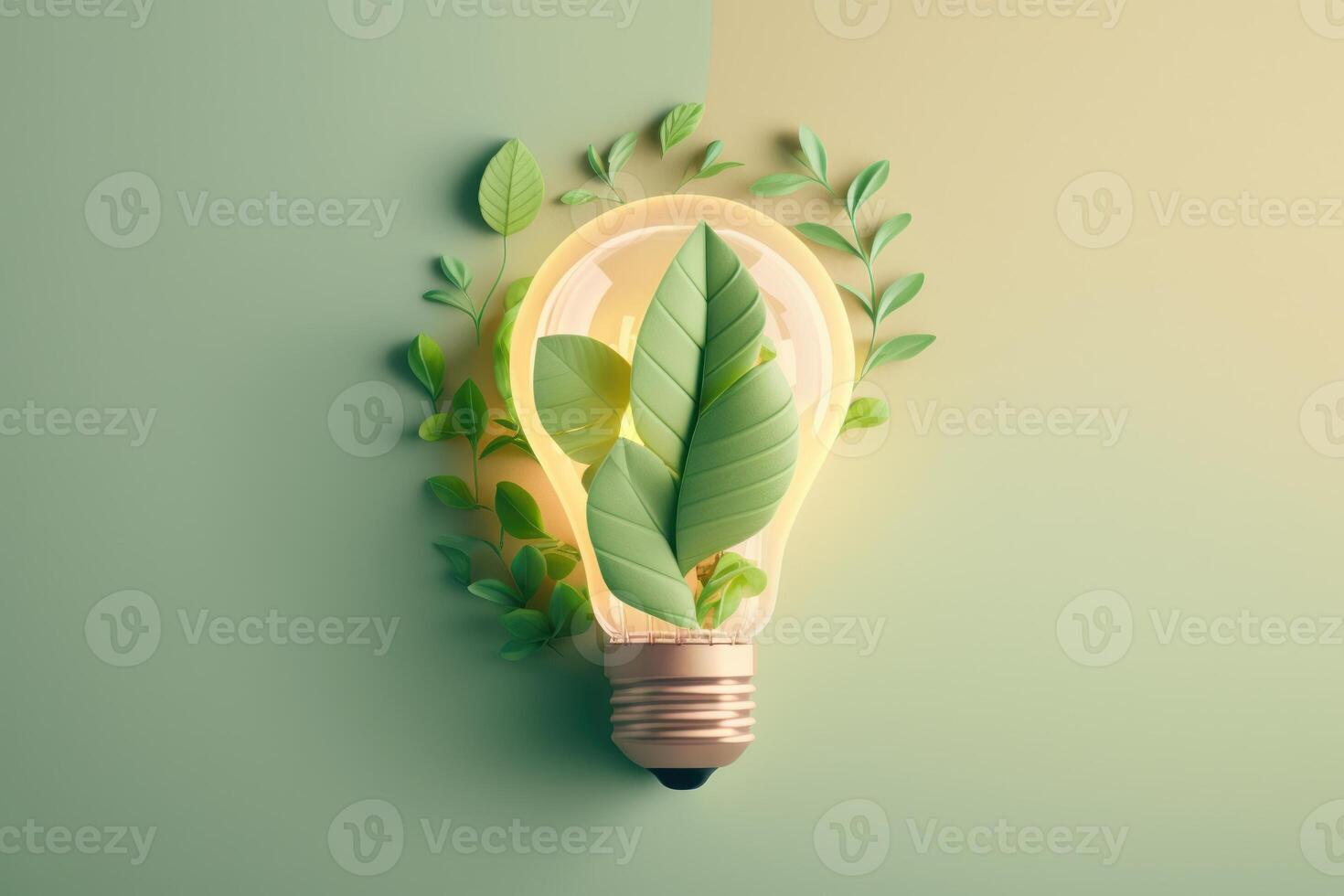 Paper cut of eco friendly light bulb with green leaves, Renewable and sustainable energy concept. photo