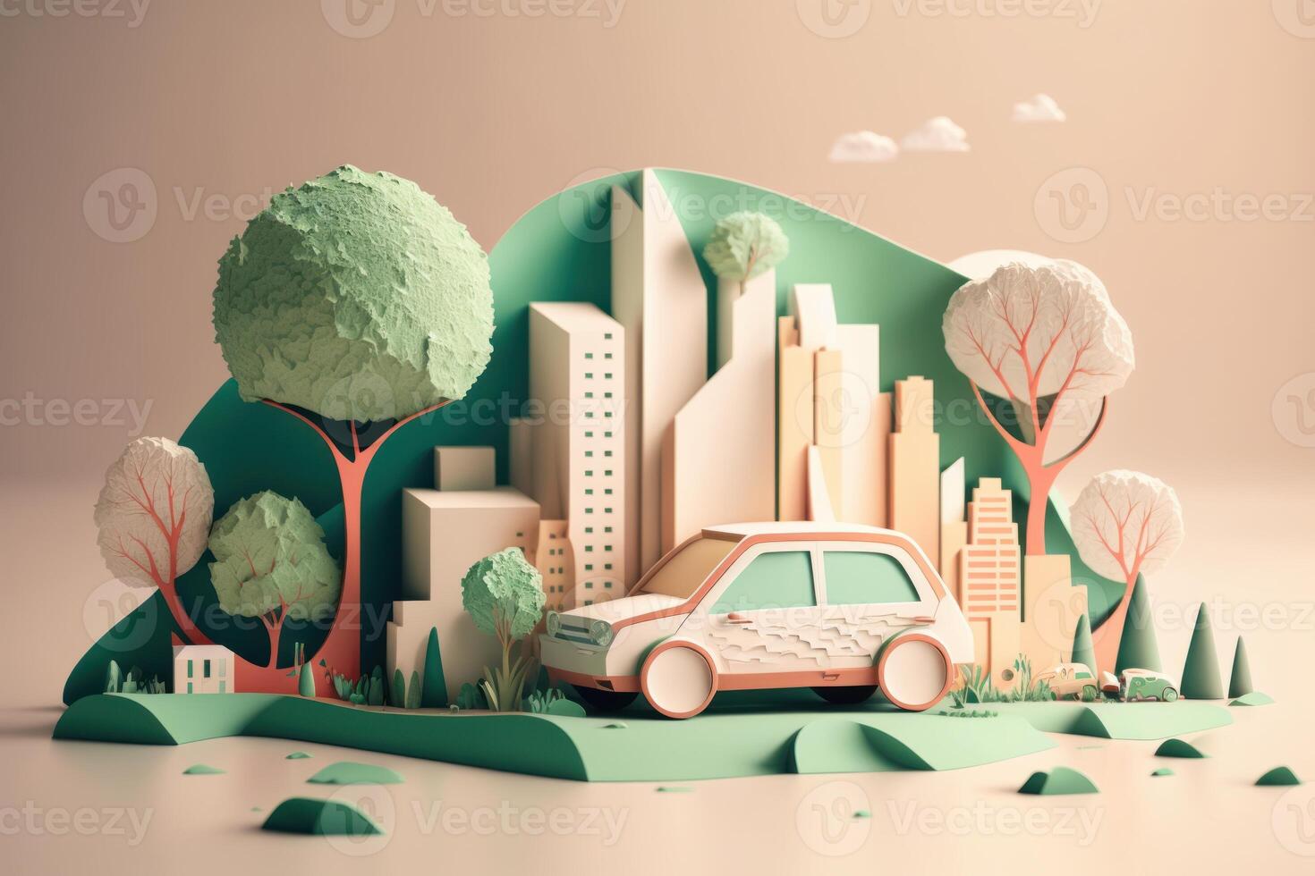 Eco friendly car with cityscape paper cut style, Renewable and sustainable energy concept. photo
