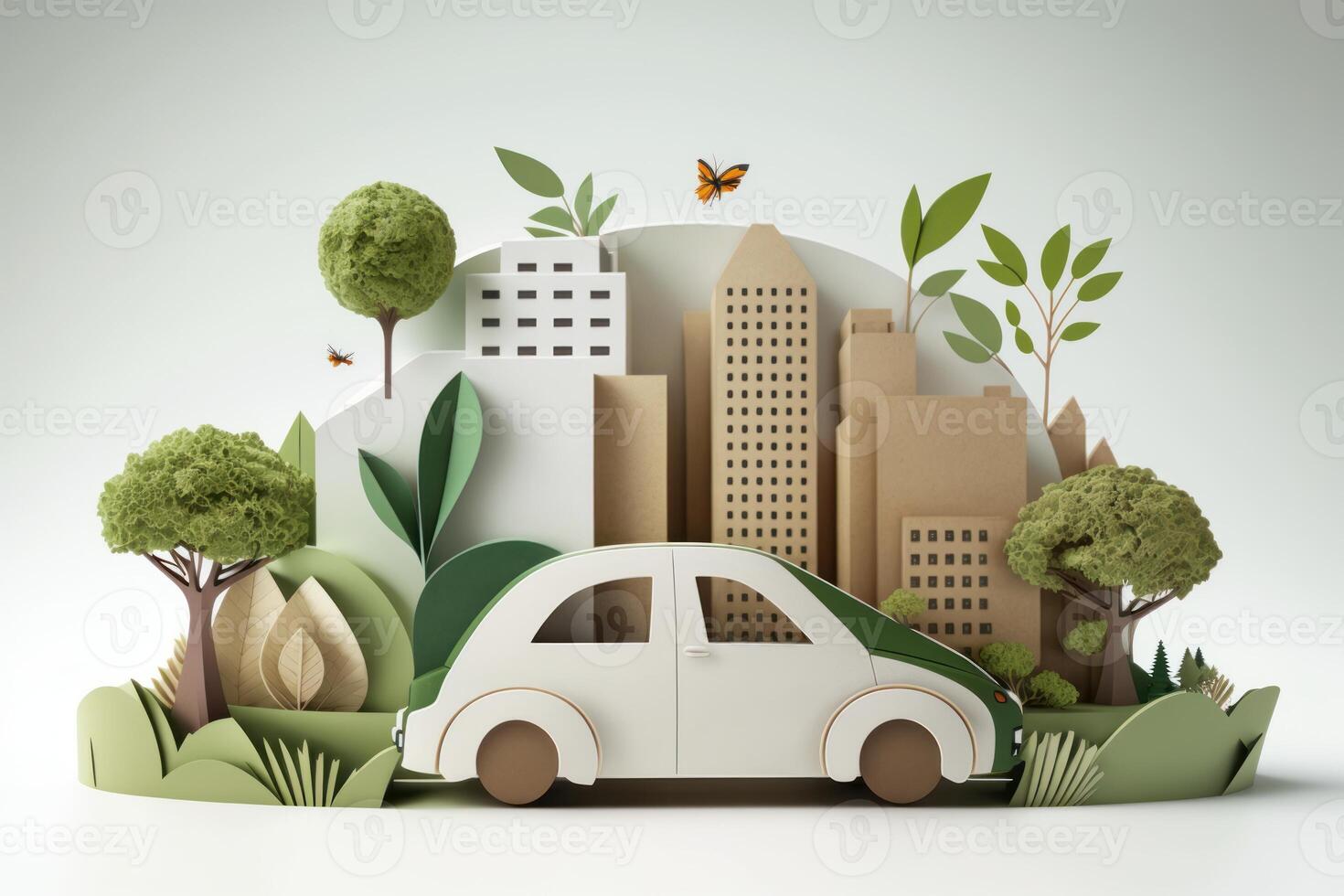 Eco friendly car with cityscape paper cut style, Renewable and sustainable energy concept. photo