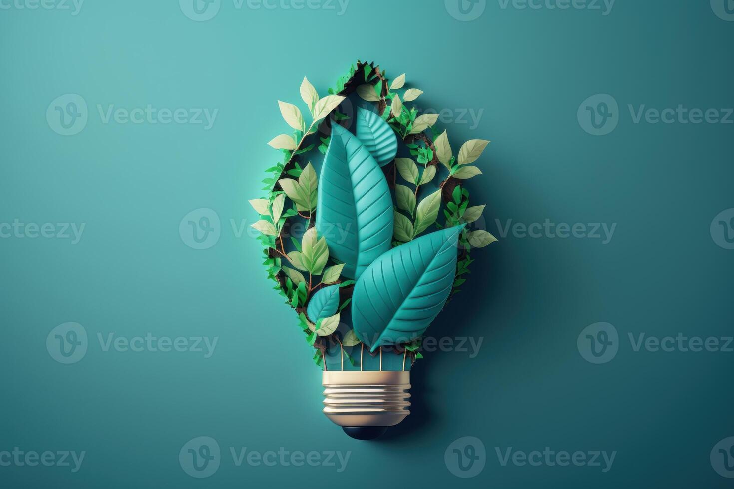 Paper cut of eco friendly light bulb with green leaves, Renewable and sustainable energy concept. photo