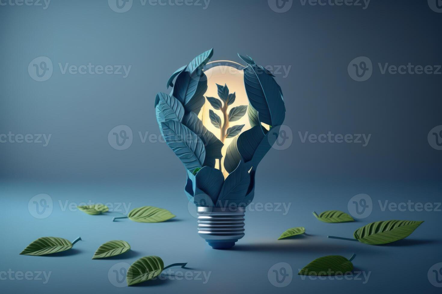 Paper cut of eco friendly light bulb with green leaves, Renewable and sustainable energy concept. photo