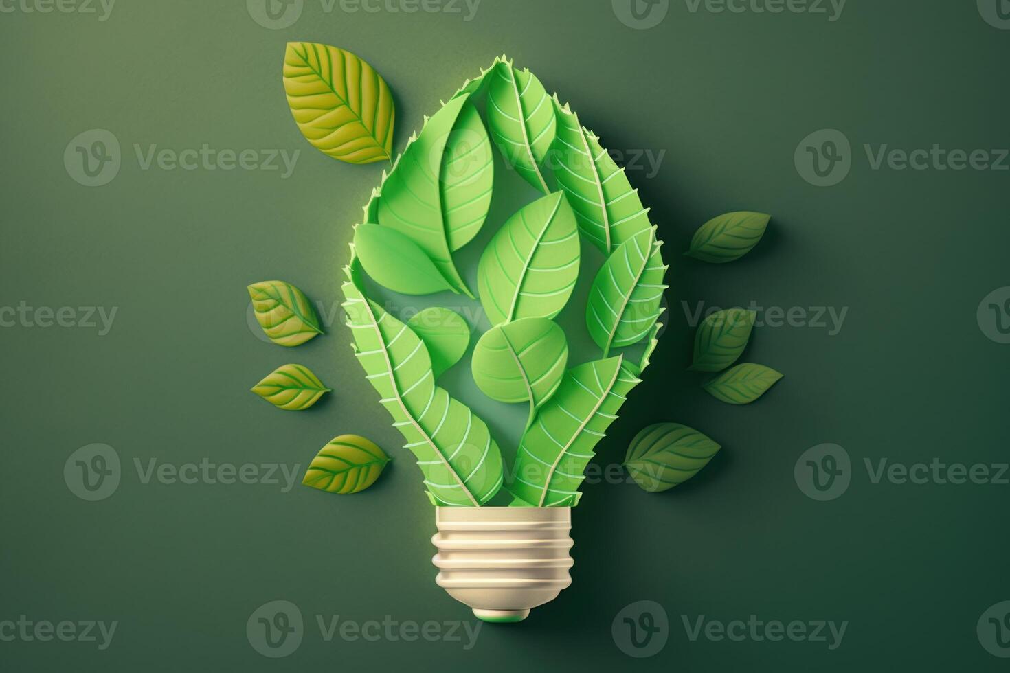 Paper cut of eco friendly light bulb with green leaves, Renewable and sustainable energy concept. photo