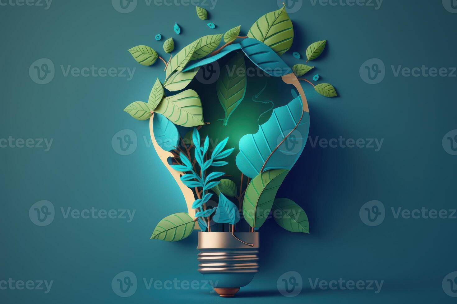 Paper cut of eco friendly light bulb with green leaves, Renewable and sustainable energy concept. photo