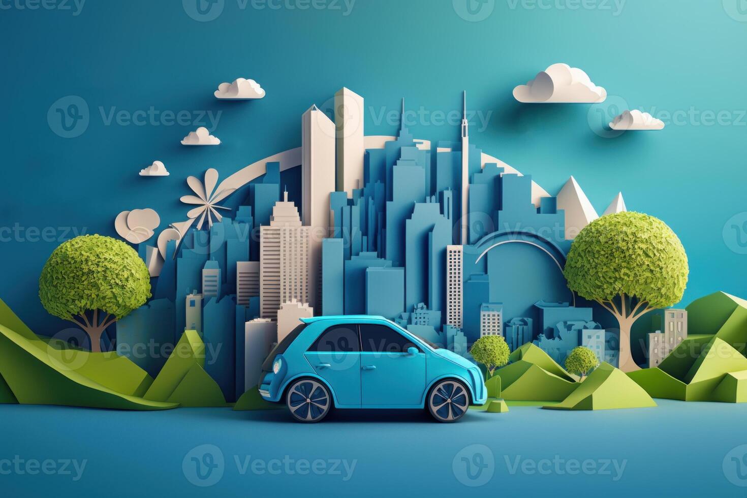 Eco friendly car with cityscape paper cut style, Renewable and sustainable energy concept. photo