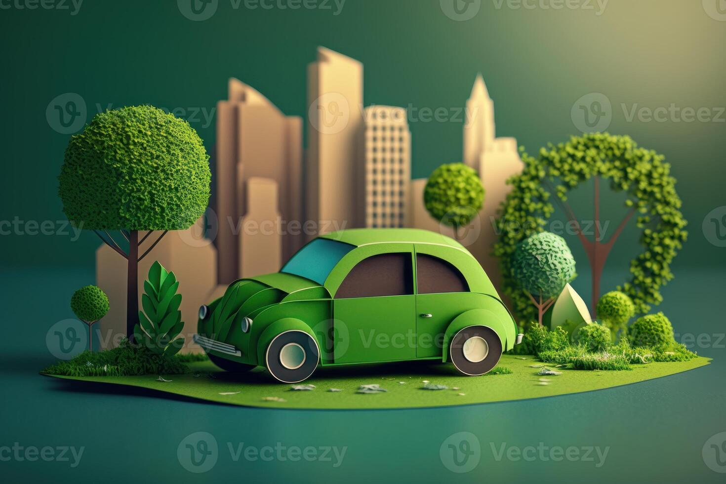 eco simpático coche con paisaje urbano papel cortar estilo, renovable y sostenible energía concepto. generativo ai foto