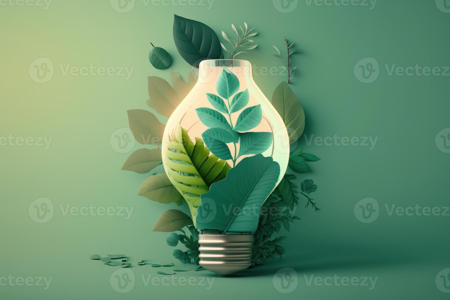 Paper cut of eco friendly light bulb with green leaves, Renewable and sustainable energy concept. photo