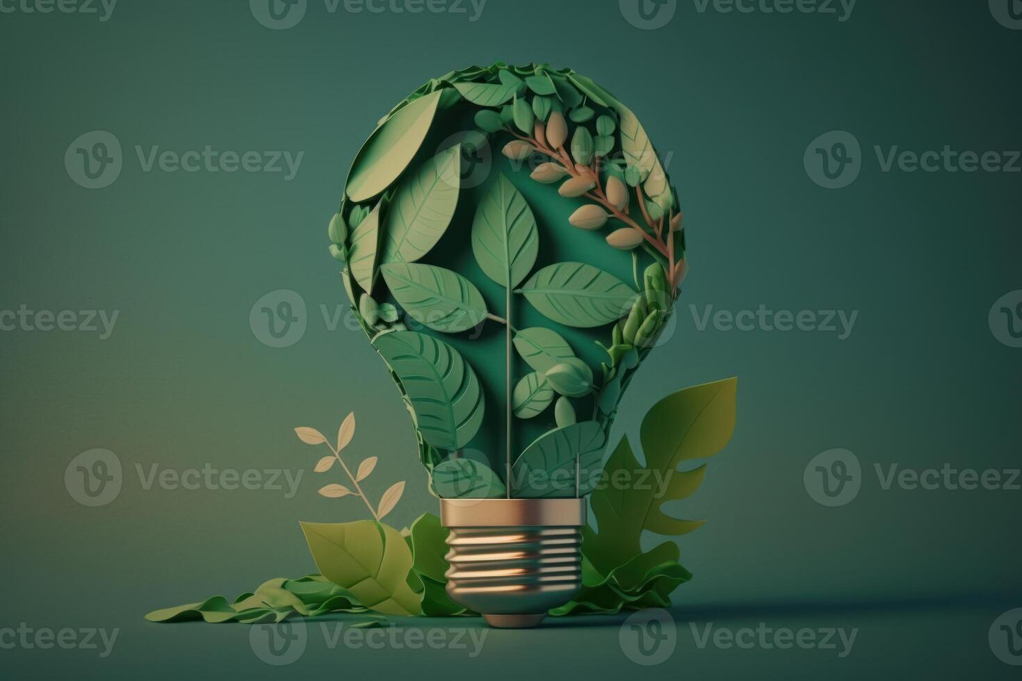 Paper cut of eco friendly light bulb with green leaves, Renewable and sustainable energy concept. photo