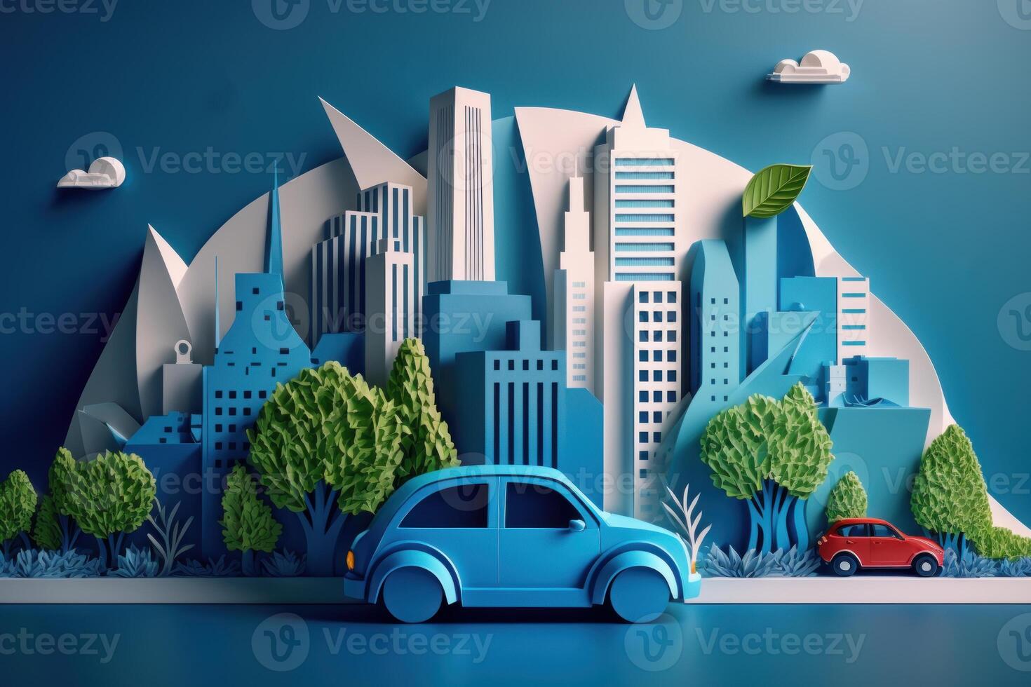 Eco friendly car with cityscape paper cut style, Renewable and sustainable energy concept. photo