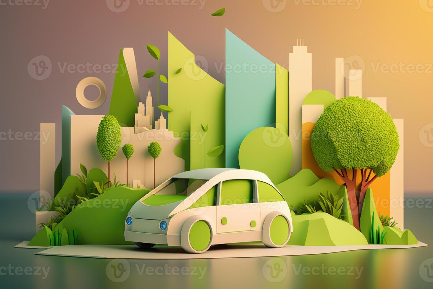 eco simpático coche con paisaje urbano papel cortar estilo, renovable y sostenible energía concepto. generativo ai foto