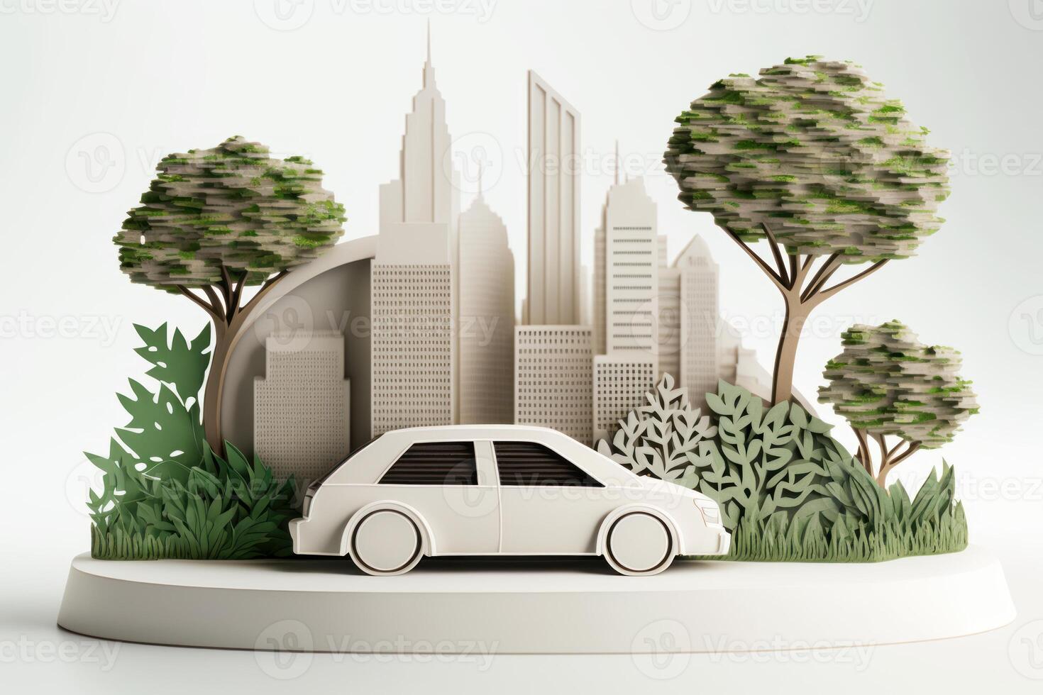 Eco friendly car with cityscape paper cut style, Renewable and sustainable energy concept. photo